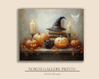 Halloween Wall Art, Housewarming Gift For Kitchen Decor, Witch Digital Print, Autumn Pumpkins & Black Cat, Downloadable Fall Decor Prints