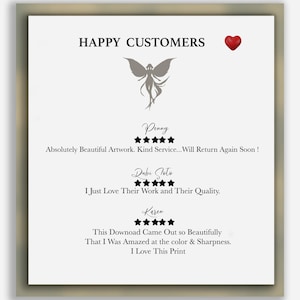 May include: A white background with a gray fairy illustration and the text "HAPPY CUSTOMERS". Below the fairy are three customer reviews with five-star ratings and the names "Penny", "Dubi Noto", and "Karen".