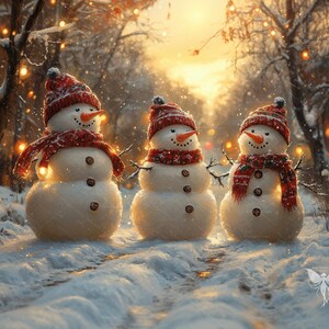 May include: Three snowmen standing in a snowy woodland with Christmas lights strung on the trees. The snowmen are wearing red and white scarves and hats.