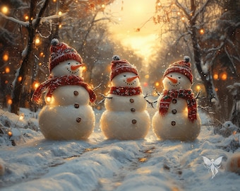 Printbare kerstmuurdecoratie, sneeuwpoppen muurprints, kerstprint, downloadbare kerstdecoratie, winterbos, digitale sneeuwpoppenprints