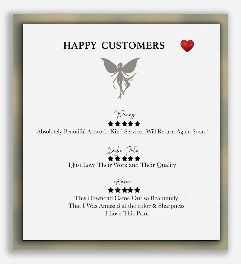 May include: A white background with a gray fairy illustration and the text "HAPPY CUSTOMERS". Below the fairy are three customer reviews with five-star ratings and the names "Penny", "Dubi Noto", and "Karen".