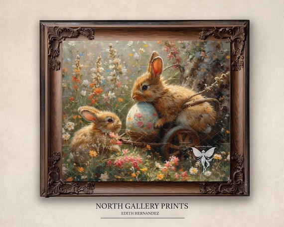 Printable Easter Wall Art Prints, Easter Bunny Vintage Wall Decor, Cottagecore Decor, Spring Oil Painting, French Decor, Nursery Wall Art.