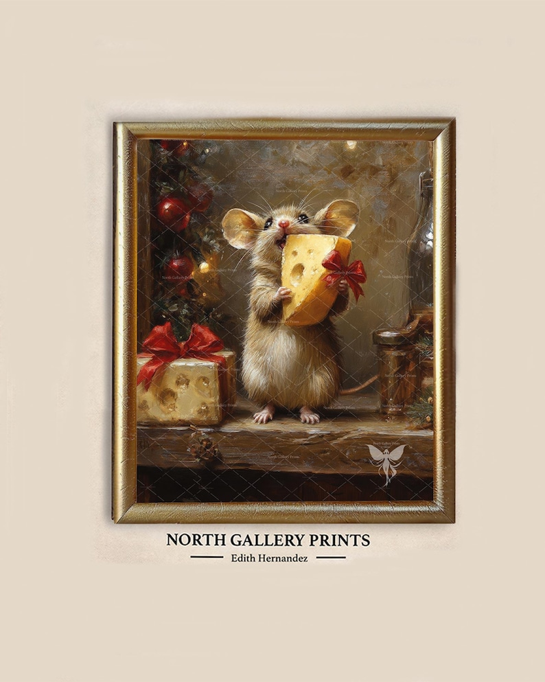 May include: A framed print featuring a brown mouse holding a large wedge of yellow cheese with a red bow. Beside the mouse is a gift box wrapped with a red ribbon and a decorated Christmas tree. The text NORTH GALLERY PRINTS Edith Hernandez appears below.