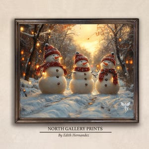 May include: Three snowmen standing in a snowy woodland with Christmas lights. The snowmen are wearing red and white hats and scarves. The snowmen are smiling and have black eyes and buttons.