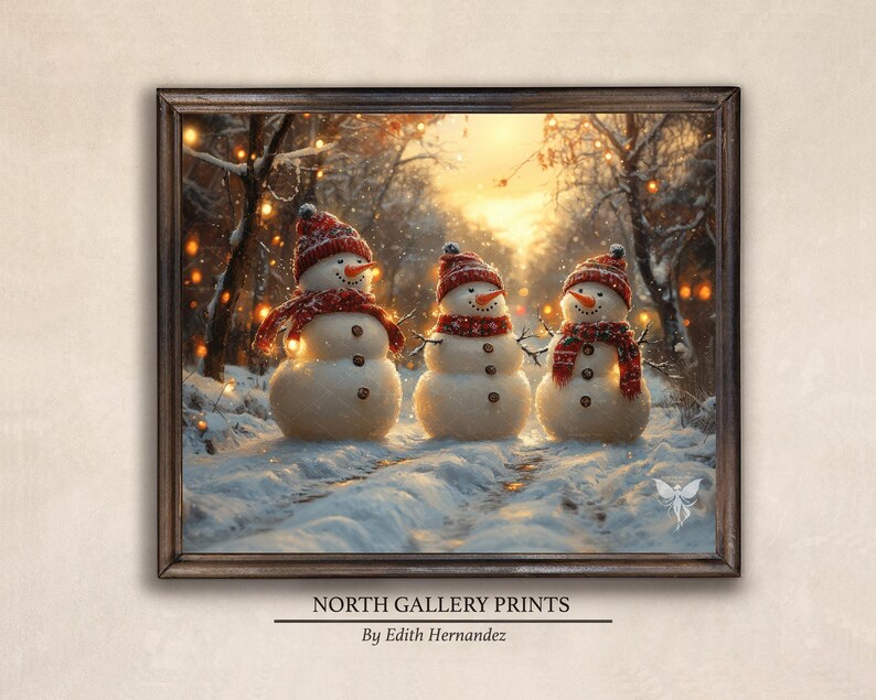 May include: Three snowmen standing in a snowy woodland with Christmas lights. The snowmen are wearing red and white hats and scarves. The snowmen are smiling and have black eyes and buttons.