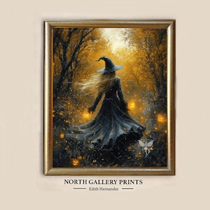 Halloween Witch in Autumn Woodland, Whimsical Fall Forest  Printable Home Decor, Downloadable Wall Art for Halloween Decor, Witchy Print Art