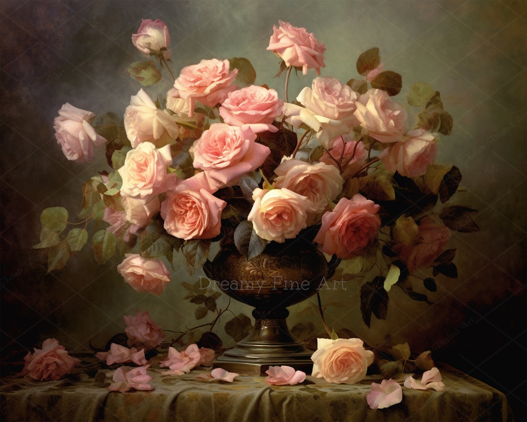VENTIGE Floral Vase Painting Print, Vintage Still Life Wall Art, Roses ...