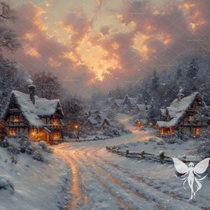 Christmas Landscape Painting Prints, Christmas Wall Art, Winter Wall Art, Winter Home Decor, Snowy Landscape, Snowy Village Road Printable