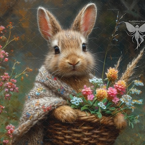 Puede incluir: Un conejo marrón con un suéter de punto sostiene una cesta de flores silvestres coloridas. El conejo mira directamente al espectador con una expresión dulce.