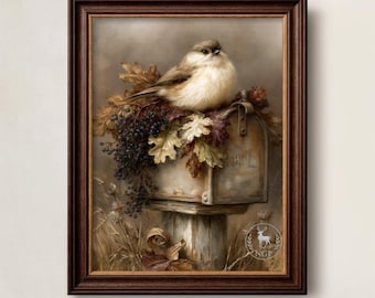 May include: A framed wall art print featuring a small, fluffy bird perched atop a vintage mailbox. The mailbox is adorned with autumn leaves and dark berries. A circular logo with a deer and the letters NGP is visible in the lower right corner.