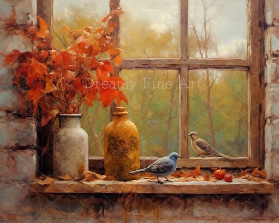 AUTUMN OiL Painting Wall Art Print | Rustic  Window With Birds and Autumn Leaves | Fine Art PRINTABLE Digital Download Fall Home Decor | A12
