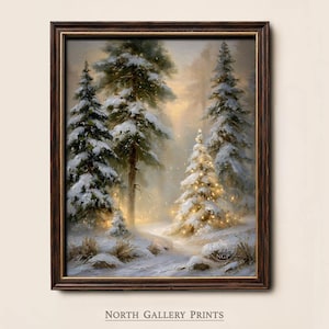 May include: A framed wall art print depicting a snowy forest scene with tall pine trees covered in snow. A central evergreen tree is illuminated with warm, glowing fairy lights. The artwork is enclosed in a dark brown wooden frame with gold trim.