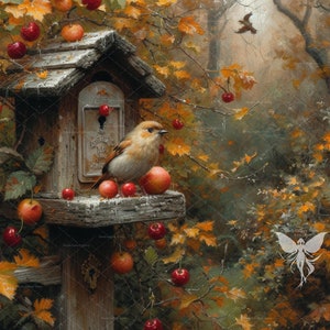 Herbst Ölgemälde Digitaler Download, Herbst Vogel Druck, Herbst druckbare Vögel, Vogel auf Herbstvogelhaus Drucke, Bauernhaus Dekor, Herbst Wandkunst