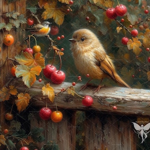 Arte stampabile autunnale, decorazione murale autunnale, uccelli stampabili su pittura da giardino autunnale, download digitale di arte murale autunnale, stampe di animali da fattoria
