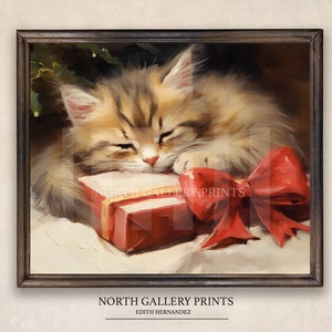 Cat Printable Christmas Wall Art, Cat Lovers Print Art, Cats Christmas Prints, Christmas Wall Decor Download, Vintage Style Painting.