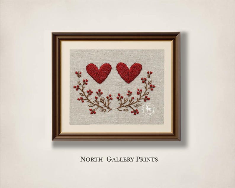 Printable Embroidered Red Heart Print, Folk Valentine Wall Art Rustic Farmhouse Love Decor, Linen Botanical Hearts, Romantic Cottagecore Art image 1