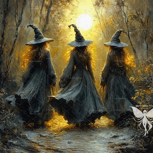 May include: Three figures wearing pointed hats and long, flowing dark grey dresses walk through a forest at night. A bright, glowing full moon illuminates the scene from behind, casting a golden light on the trees and the path ahead of them.