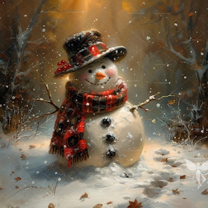 Weihnachten Schneemann druckbare Wandkunst, Weihnachtsmalerei, Schneemänner Weihnachtsszene Wohnkultur, Schnee Winterwald.