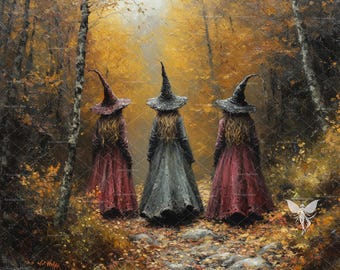 Halloween Printable Witch,  Halloween Wall Art, Fall Prints, Enchanted Autumn Forest, Downloadable Home Decor, Witch Digital Download Art.
