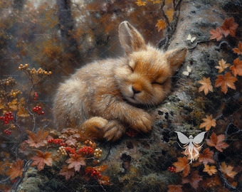 Autumn Printable Art, Fall Wall Decor, Printable Bunny On Autumn Forest Painting, Digital Download Autumn Wall Art, Animals Nursery Prints.