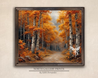 Vintage Autumn Landscape Painting, Autumn Painting, Fall Home Decor, Autumn Prints, Rustic Fall Decor, Moody Wall Art, Forest Wall Art.