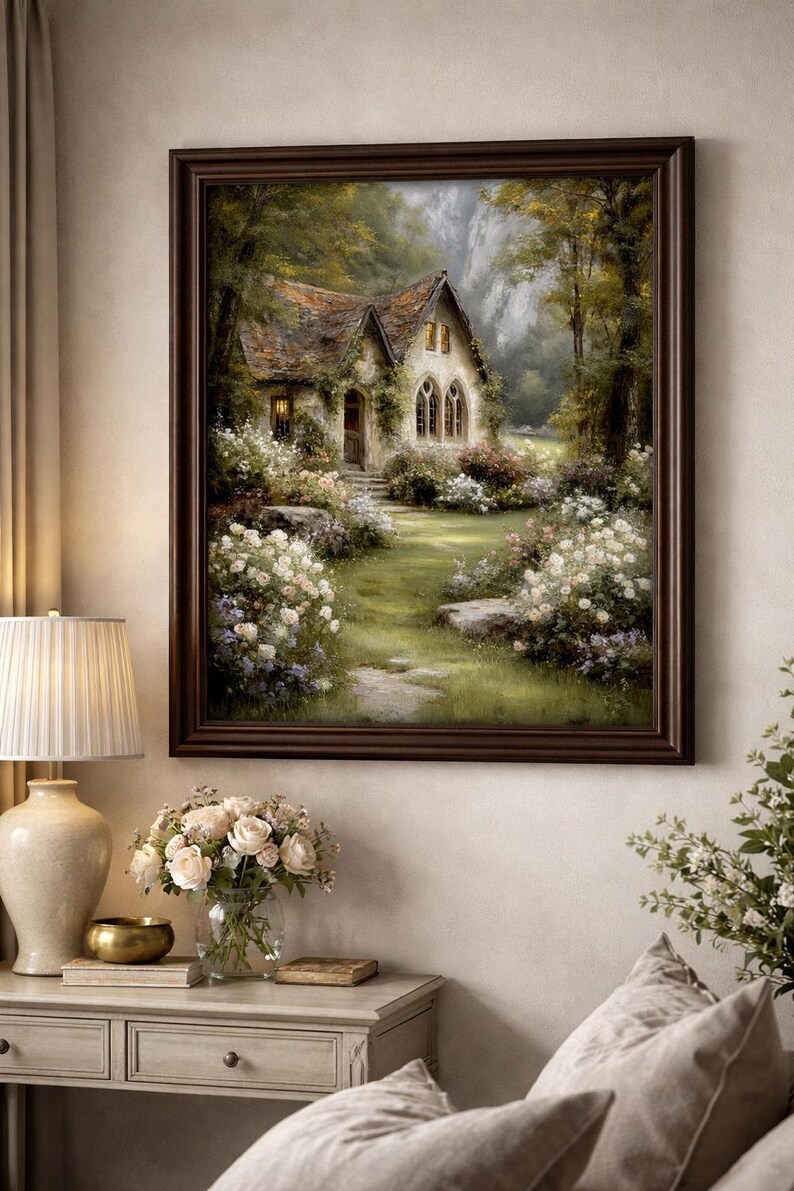 Romantic English Cottage Wall Art Print, Moody Garden Landscape ...