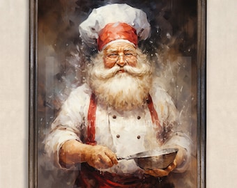 Printable Christmas Santa Claus Wall Art, Vintage Xmas Prints, Neutral Rustic Jolly Santa Cooking, Print Winter Holiday Digital Download