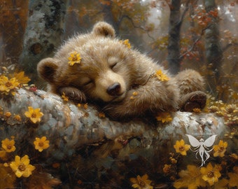 Bear Printable Art, Autumn Wall Decor, Bear On Autumn Forest Painting, Instant Digital Download Fall Wall Art, Animals Farmhouse Print.