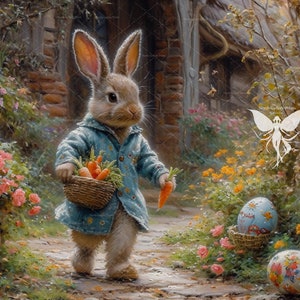 May include: A brown rabbit wearing a blue jacket holds a basket of carrots and walks on a path in a garden with flowers and Easter eggs.