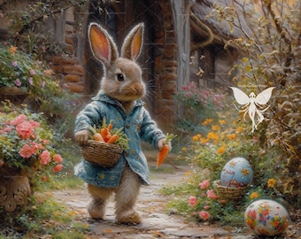 Easter Rabbit Printable Art, Easter Bunny at Spring Blossom Garden, Easter Eggs, Ester Home Decor, Easter Wall Decor, Nursery Wall Decor