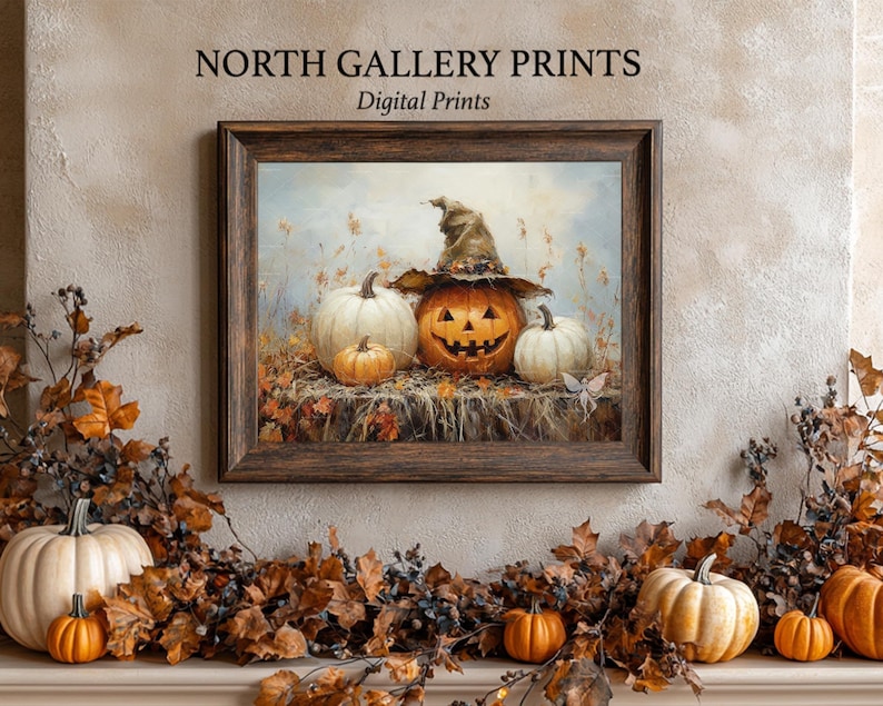May include: A digital print of a painting featuring three pumpkins, one with a carved jack-o'-lantern face and a witch's hat. The pumpkins are surrounded by fall leaves and a blue sky.