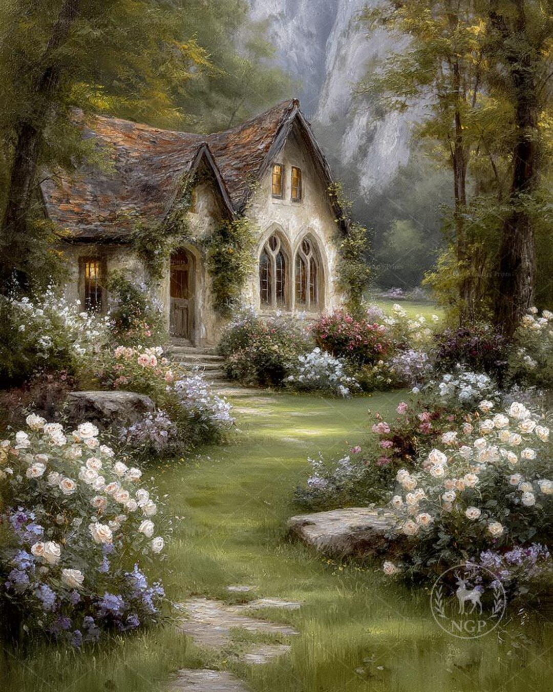Romantic English Cottage Wall Art Print, Moody Garden Landscape ...