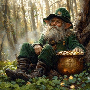 May include: A green-clad leprechaun with a long white beard sits in a forest, holding a pot of gold coins. He wears a green hat with a gold buckle and has a mischievous expression on his face.