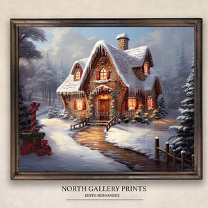 Christmas Wall Art Cottage House at Snowy Forest, Christmas Printable Decor Art, Vintage Home Decor, Download Winter Digital Art Decoration