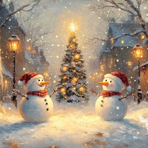 Christmas Snowman Printable Wall Art, Festive Holiday Decor, Christmas Painting, Fine Art  Wall Prints Snowmen Christmas Scene Home Decor.