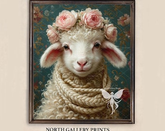 Spring Printable Floral Lamb Wall Art, Easter Baby Lamb Prints For Home Decor, Easter Sheep Nursery Wall Art Prints Cottagecore Painting
