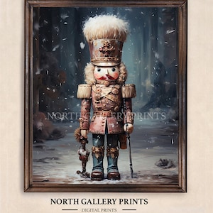 May include: A vintage-style nutcracker doll in a red and gold uniform, standing in a snowy forest setting. The doll has a white fur hat and a mustache. The background is a dark blue with white snow falling.