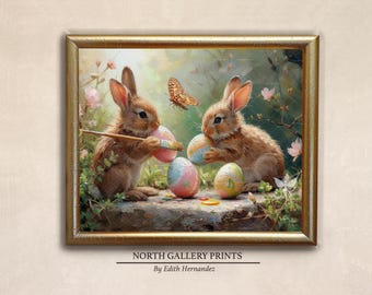 Easter Bunny Painting Easter Eggs at Spring Garden, Printable Wall Art, Farmhouse Print, Spring Wall Decor, Downloadable Rabbits Wall Print