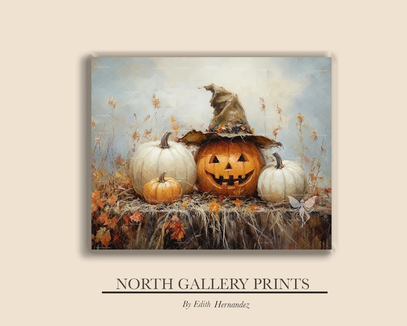 May include: A painting of three pumpkins, one with a carved jack-o'-lantern face and a witch's hat, sitting on a bed of autumn leaves.
