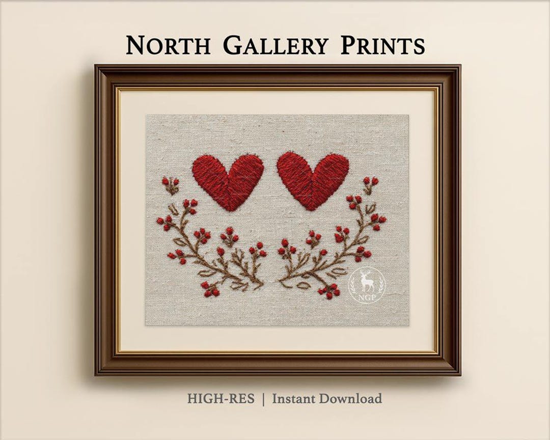 Rustic Heart Printable Printable Embroidered Red Heart Print, Folk Valentine Wall Art Rustic ...