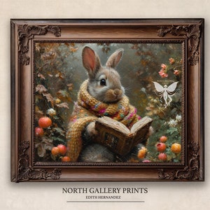 May include: A painting of a brown rabbit wearing a yellow and brown scarf and holding a book. The rabbit is sitting in a forest setting with green leaves and red berries. The painting is framed in a brown wooden frame.
