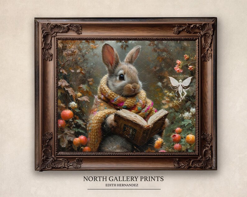 May include: A painting of a brown rabbit wearing a yellow and brown scarf and holding a book. The rabbit is sitting in a forest setting with green leaves and red berries. The painting is framed in a brown wooden frame.