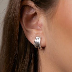 Chunky Hoop Earrings 925 Sterling Silver – Layered Triple Band Studs by Loon Concept