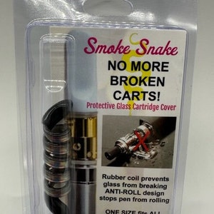 May include: A clear plastic package containing a set of black rubber rings designed to protect glass vape cartridges from breaking. The package features the text "Smoke Snake No More Broken Carts! Protective Glass Cartridge Cover". The text "Includes (1) Cart Case" is visible at the bottom of the package.