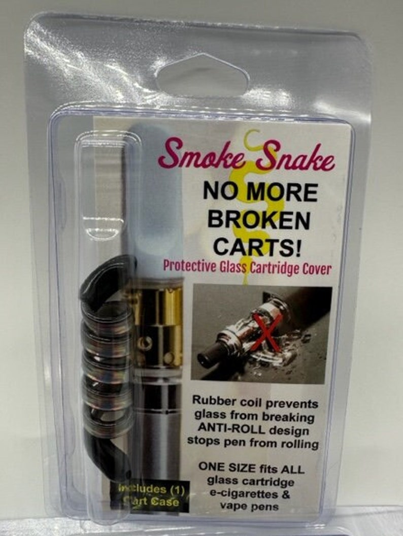 May include: A clear plastic package containing a set of black rubber rings designed to protect glass vape cartridges from breaking. The package features the text "Smoke Snake No More Broken Carts! Protective Glass Cartridge Cover". The text "Includes (1) Cart Case" is visible at the bottom of the package.
