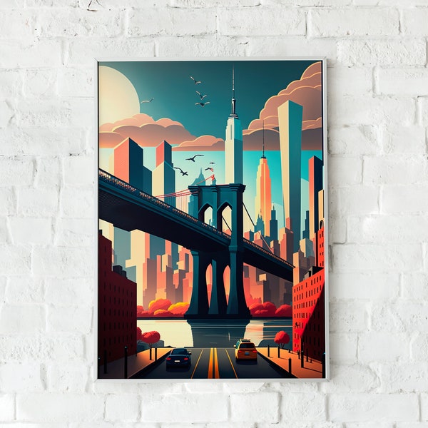 NEW York Skyline Print Wall Art Poster New York City Digital Download NYC Wall Decor Cityscape Painting Art Brooklyn Bridge Canvas Artwork