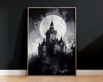 PRINTABLE Halloween Vintage Print, Haunted House Wall Art, Dark Academia Print, Spooky House Printable Art Gift, Digital Download Art Print