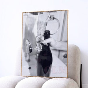 Champagne Printed Poster, Trendy Retro Bar Cart Wall Art, Black And White Bathroom Print, Champagne Problems, College Apartment