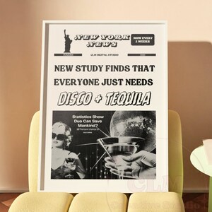 Disco en Tequila New York Retro Krant Print, Trendy Wall Art, Vintage Bar Cart Poster, Funky Disco Club Art, Classic College Dorm Decor