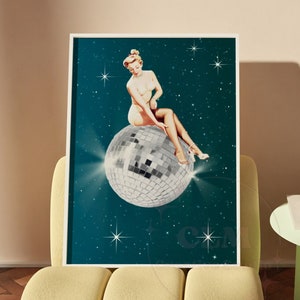 Retro Disco Ball Print, Preppy Retro Bar Cart Printed Posters, Trendy Vintage Sexy Girl Wall Art, Surrealistyczne Printy, College Apartment